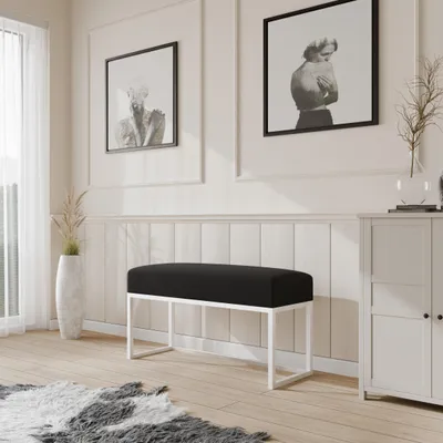 Produktbild von Moder Moderne gepolsterte Sitzbank mit stabilem Metallgestell - ideal für Flur, Schlafzimmer, Wohnzimmer oder Ankleidezimmer. WEIß/SCHWARZ Moder Moderne gepolsterte Sitzbank mit stabilem Metallgestell – ideal für Flur, Schlafzimmer, Wohnzimmer oder Ankleidezimmer. 100 CM