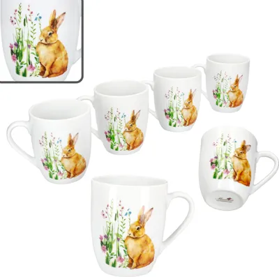 Zdjęcie produktu dla 6x Wielkanocna Radość Kubki do kawy 280ml Porcelanowe kubki 6 osób Kwiaty Królik Herbata Kakao