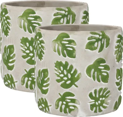 Produktbild von KOTARBAU® 2er Set Blumentopf Übertopf ⌀ 23 cm für Blumen Pflanzen aus Dekorativ-Beton Fensterblatt-Motiv Monstera