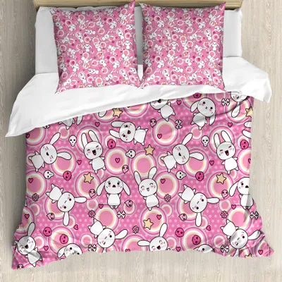 Produktbild von ABAKUHAUS Anime Bettbezug, Kaninchen Kinder Humor, Milbensicher Allergiker geeignet mit Kissenbezügen, 200 cm x 200 cm - 80 x 80 cm, weiß Rosa