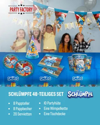 Produktbild von Die Schlümpfe 48-tlg. Party Set – Deko mit Tischdecke Wimpel Partyhüten