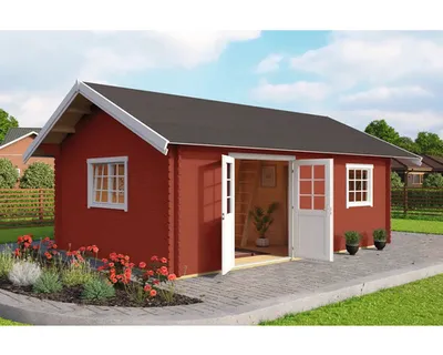 Produktbild von Gartenhaus Outdoor Life Caroline Set Gold inkl. Fußboden, Schlafboden, Isolierglas 675 x 489,9 cm schwedenrot