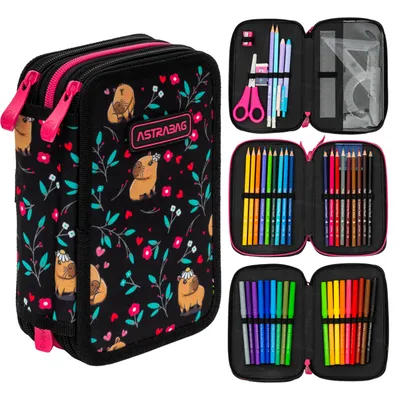 Produktbild von Capybara Federtasche 3-fache Federmappe Schülerplaner Federmäppchen 46-teilig gefüllte