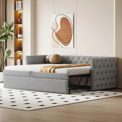 Produktbild von Flieks Polsterbett Schlafsofa 90x200cm mit Ausziehbett 90x190cm, Tagesbett Funktionsbett Sofabett mit Lattenrost, Jugendbett Kinderbett Holzbett, Samt
