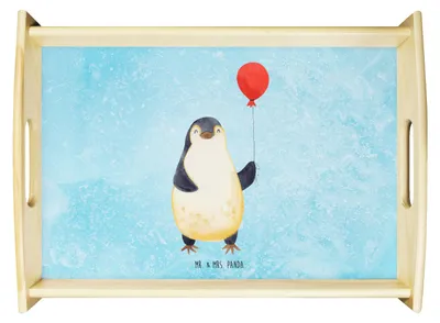 Produktbild von Mr. & Mrs. Panda Deko Tablett Pinguin Luftballon - Eisblau - Geschenk, Liebe, Kirmes, betttablett, sofatablett, Küchentablett, Serviertablett, Holztablett, Jahrmarkt