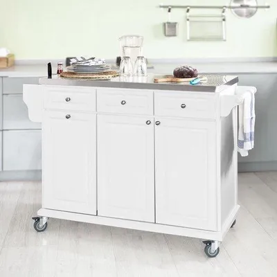 Image de Plateau à roulettes pour cuisine - Meuble de cuisine - Armoire - Acier inoxydable - 3 tiroirs - Blanc - MDF - 107 x 95 x 48,5 cm