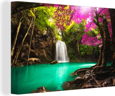 Produktbild von MuchoWow® - Leinwandbilder - Wasserfall mit bunten Blumen und Bäumen - Natur - Dschungel, Wandbild, Wanddeko Bilder Wohnzimmer, 90x60 cm
