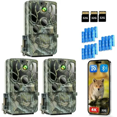 Image de Caméra de chasse 4K avec application de transmission sur smartphone, caméra de chasse Wi-Fi avec détecteur de mouvement, vision nocturne, étanche, déclenchement en 0,5 seconde, carte SD 32 Go incluse, 8 piles AA, 3 pièces