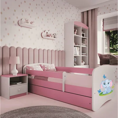 Produktbild von Puderrosa Babybett mit Elefantenmotiv, 80 x 180 cm, Schublade und ohne Matratze