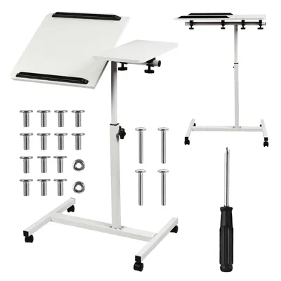 A collage showing a white height-adjustable rolling laptop desk and its components, including screws and a screwdriver.