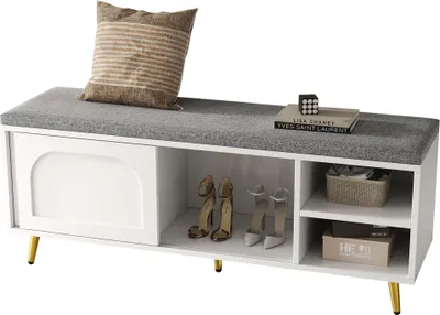 Image de Banc à chaussures, étagère à chaussures avec banc Banc avec coussin d'assise Armoire à chaussures avec espace de rangement Banc d'entrée, blanc, dimensions : L 121 × P 35 × H 49 cm