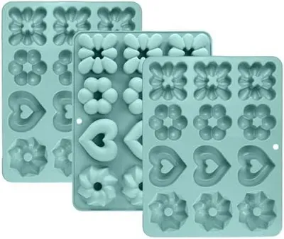 Produktbild von 3 Stück Große Silikon Muffinform für 12 Muffins, 4 Verschiedene Formen Silikonformen Backen, Antihaft Wiederverwendbare Silikon Donut Form, Mini Gugelhupfform