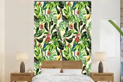 Produktbild von MuchoWow® Fototapete für Wohnzimmer oder Schlafzimmer Wandtapete Vinyl Motivtapete Blumen - Vogel - Blätter - 195x300 cm - Das Hintergrundbild
