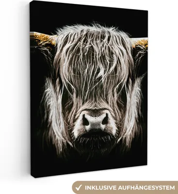Produktbild von MuchoWow® - Leinwandbilder - Schottischer Highlander - Gold - Hörner - Schwarz und weiß - Kuh - Tiere, Wandbild, Wanddeko Bilder Wohnzimmer, 90x120 cm
