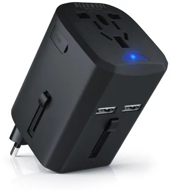 Produktbild von Bearware Reiseadapter universal für 140 Länder weltweit, Reisestecker mit 2 USB-Buchsen 5 V und 2,5 A, Steckertypen A, B, E, F, G und I, inklusive Ersatzsicherung, schwarz