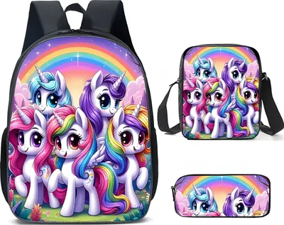 Image de Ensemble scolaire 3pcs - Sac à dos, trousse, goûter. sac - Licornes avec arc-en-ciel