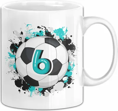 Produktbild von 6. Geburtstag Geschenk Tasse Becher Jungs Fußball Geburtstagsgeschenk  (Weiß)