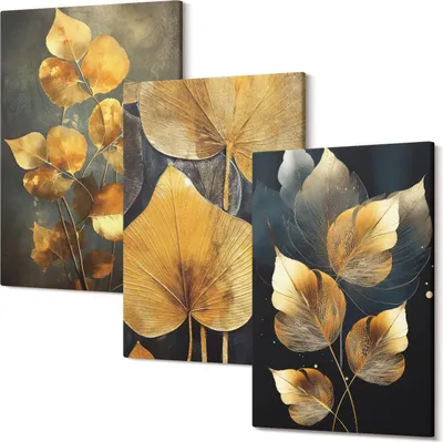 Produktbild von Wandbild – Leinwandbild – Leinwandbilder – Polycanvas – Kunstdruck – Modern – Panorama – Mehrteilig – 3-Teilig Set – Hochwertig – Lichtecht – Geruchslos – 20x30 Cm Je Element - Blätter in Gelbtönen auf dunklem Hintergrund