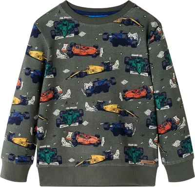Produktbild von Kinder-Sweatshirt Khaki Größe 104 mit Rennwagen-Aufdruck