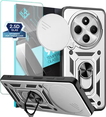 Produktbild von Armor Handyhülle für Xiaomi Redmi 14C mit 9H Displayglas Displayschutz Kameraschutz Handy Panzer Case Cover Schutzhülle Outdoor Farbe: Silber