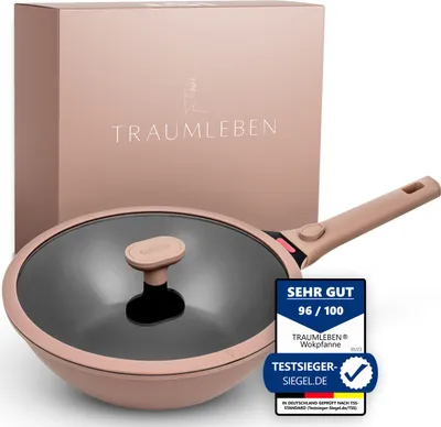 Produktbild von TRAUMLEBEN® Wokpfanne 28 cm mit Deckel, abnehmbarem Griff & Hitzeindikator | PFOA-frei & für Induktion geeignet | Beschichtete Pfanne