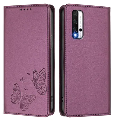 Image de Étui en cuir pour Honor 20/Honor 20 Pro, motif papillon, étui à rabat avec porte-appareil, violet