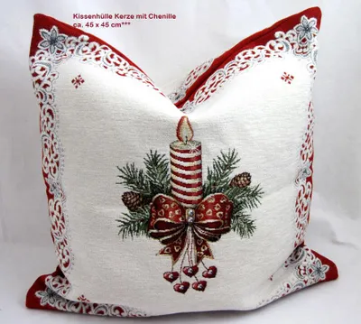 Produktbild von Kissenhülle Chenille - Weihnachten-Kerze ecru`/rot, ca.45 x 45 cm