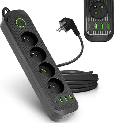 Zdjęcie produktu dla Przedłużacz 4 gniazda 1,5m LISTWA ZASILAJĄCA czarny + 4x USB Z WŁĄCZNIKIEM