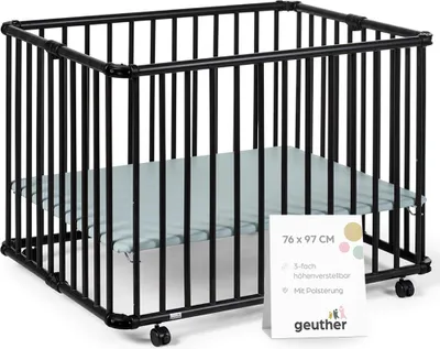 Produktbild von GEUTHER Laufgitter Lucilee | Schwarz | 76x97 cm | Mobil auf Rollen | 3-fach höhenverstellbar | Faltbar | Gepolsterter Boden | GS