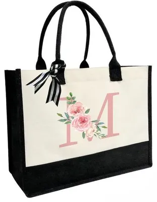 Immagine prodotto di Borsa personalizzata in juta con cerniera, monogramma, lettera M rossa, tinta unita, grande