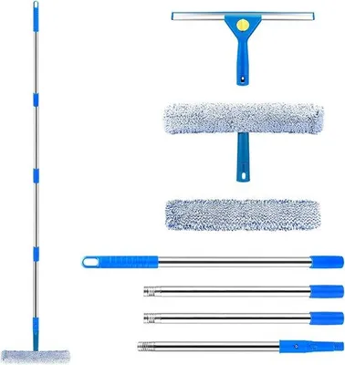 Produktbild von Famanu Fensterreiniger mit Teleskopstange (146 cm), Silikonabzieher und Mikrofasertuch - für Bad, Dusche und Glasflächen