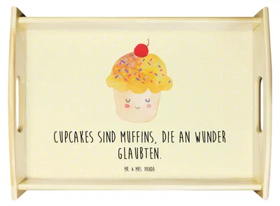 Produktbild von Mr. & Mrs. Panda tablett holz Cupcake - Gelb Pastell - Geschenk, Cupcakes, Serviertablett, sofatablett, Wunder, Koch, Sofa, Motivation Sprüche, Muffin, Deko, Lustige