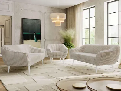 Produktbild von MKS MEBLE Couchgarnitur PIRS 3-3-1, Set mit Armlehnen, Wellenfederung, weiße Füße, Dreisitzer Sofas mit Sessel, Sitzgruppe Wohnzimmer - Beige Cord