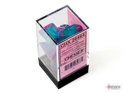 Imagen del producto de Conjunto de 7 dados Chessex Gemini, poliédricos, color verde-rosa/azul luminiscente