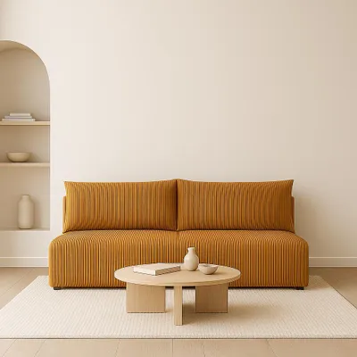 A modern living room setting with a sofa and coffee table.