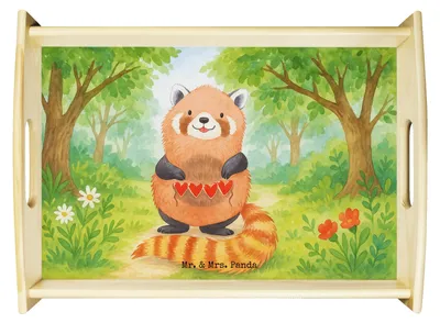 Produktbild von Mr. & Mrs. Panda Tablett Roter Panda Design - Weiß - Geschenk, Rot, Liebling, Liebe, Holztablett, Sofa, Lustige Sprüche, Herz, sofatablett, serviertablett holz, aus