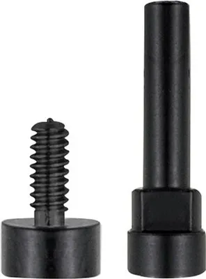 Two black metal repair parts for headphones, a screw and a post, are shown against a white background.