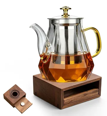 Productafbeelding van Glazen theepot met verwarmingsokkel, 1 liter, transparant, met zeef voor losse thee