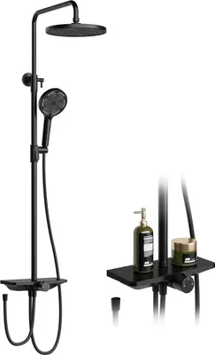 Produktbild von Duschsystem Set - Wandmontierte Regendusche - Edelstahl - Mit Ablage - Mischbatterie Warm/Kalt - Handbrause - Schwarz