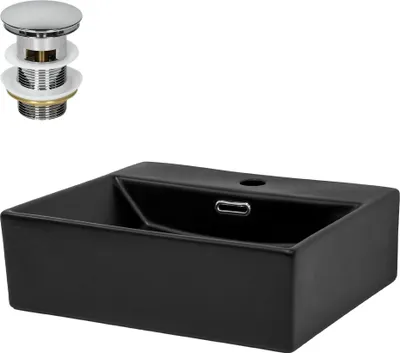 Obrázek produktu pro LuxeBath umyvadlo Umyvadlo na desku Square, 41,5x36x13 cm, černé, z keramiky, včetně odtokové soupravy s přepadem
