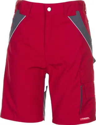 A pair of red work shorts with gray accents.