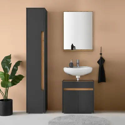 Produktbild von Badmöbel Set 3-teilig mit Waschtischunterschrank 60cm, in Anthrazit mit Eiche - CRISP-61