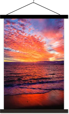 Produktbild von MuchoWow® Textilposter Sonnenuntergang - Strand - Rot 40x60 cm mit schwarzem Rahmen - Wanddekorationen