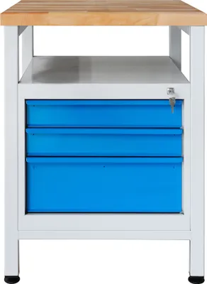 Produktbild von Werkbank Slim Rhino mit Ablagefläche + 3 Schubladen | HxBxT 84x60x60cm | Traglast 300kg | Lichtgrau/Lichtblau