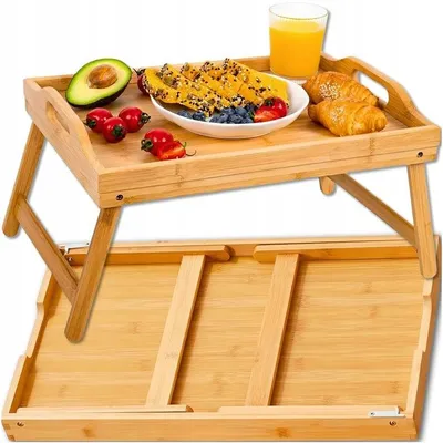 Produktbild von Klappbarer Frühstückstisch Aus Bambus 50x27 Cm Betttablett Mit Beinen Laptop Tisch Für Bett Sofa Naturholz Design