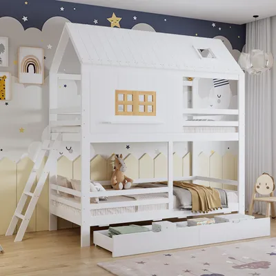 Produktbild von Etagenbett Kinderbett 90x200 cm mit Dach, Fenster, 2 großen Schubladen, Leiter und stabilem Lattenrost, Hausbett, Kiefer/MDF/Sperrholz, Weiß/Natur