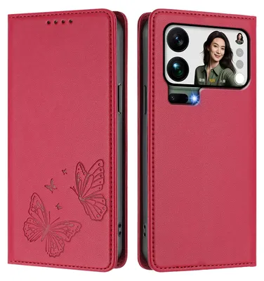 Image de Étui en cuir pour Xiaomi 17 Pro Max, motif papillon, étui portefeuille à rabat avec support, rouge