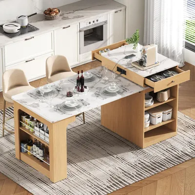 Immagine prodotto di Merax: isola da cucina con tavolo da pranzo su rotelle, tavolo allungabile, presa multipla, carrello da cucina, tavolo da bar, carrello di servizio, bianco + naturale