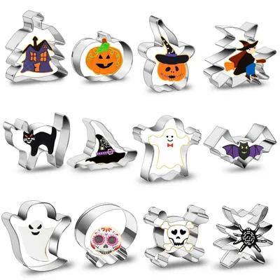 Zdjęcie produktu dla Zestaw 12 foremek do wycinania ciastek na Halloween, wykonanych ze stali nierdzewnej, w kształcie dyni, nietoperza, ducha i innych motywów