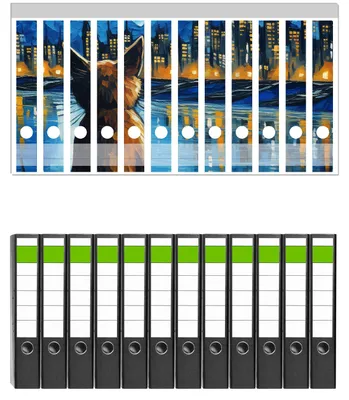 Produktbild von Wallario 12 Stück schmale Ordner inkl. Klebeetiketten mit Motive Katze im Mondschein -  Set mit Rückenschildern / Ordnerrücken Stickern